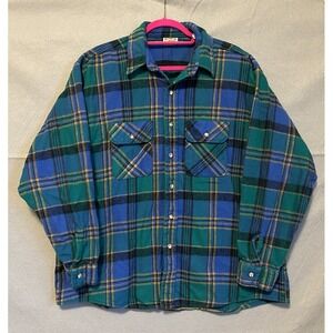 VTG Five Brother Flannel Shirt Mens 2XL Blue Green Plaid Chore Work